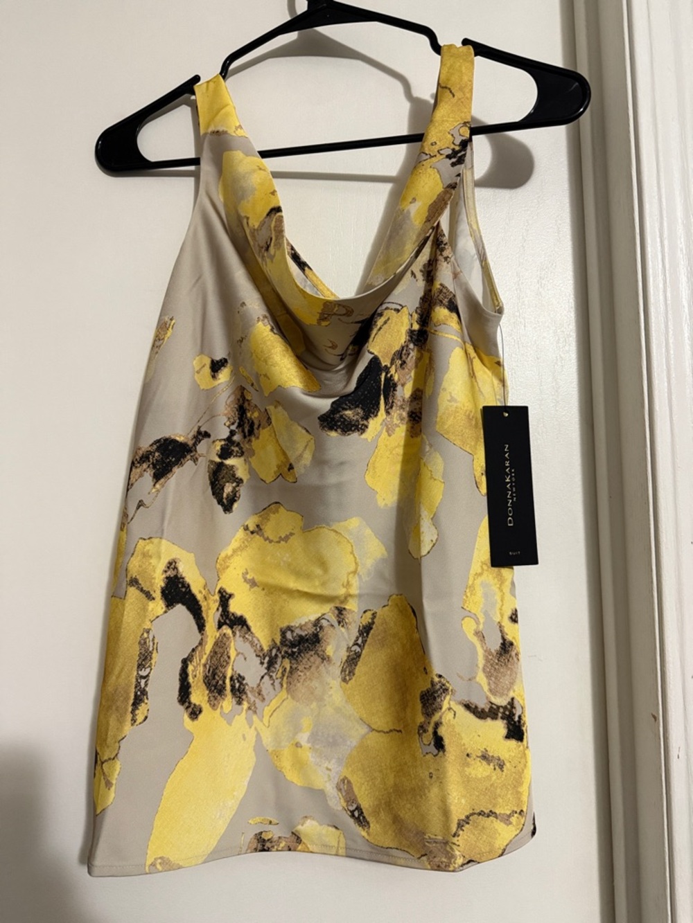 Donna Karan Yellow & Taupe Floral Cowl Neck Tank
